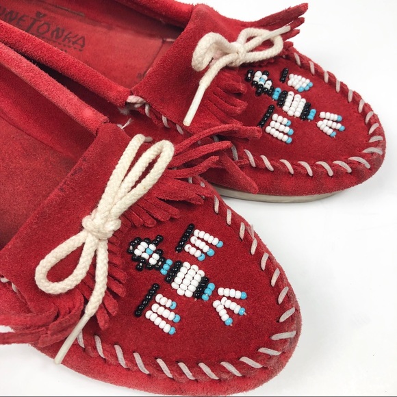 Minnetonka Shoes - Minnetonka Red Suede Thunderbird Beaded Moccasin